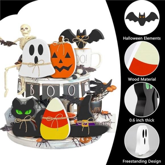 6PCS Halloween Wooden Signs - Pumpkin, Ghost, Bat, Cat, Witch‎ Hat, Candy Corn - Picture 6 of 8